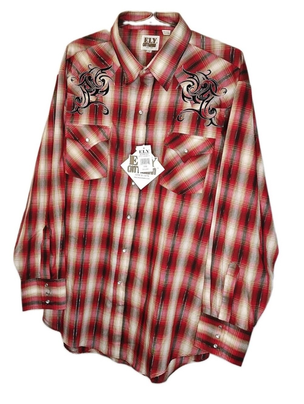Ely Cattleman Sz 2X Western Pearl Snap Shirt Red Fall Plaid Metallic Stripes Nwt